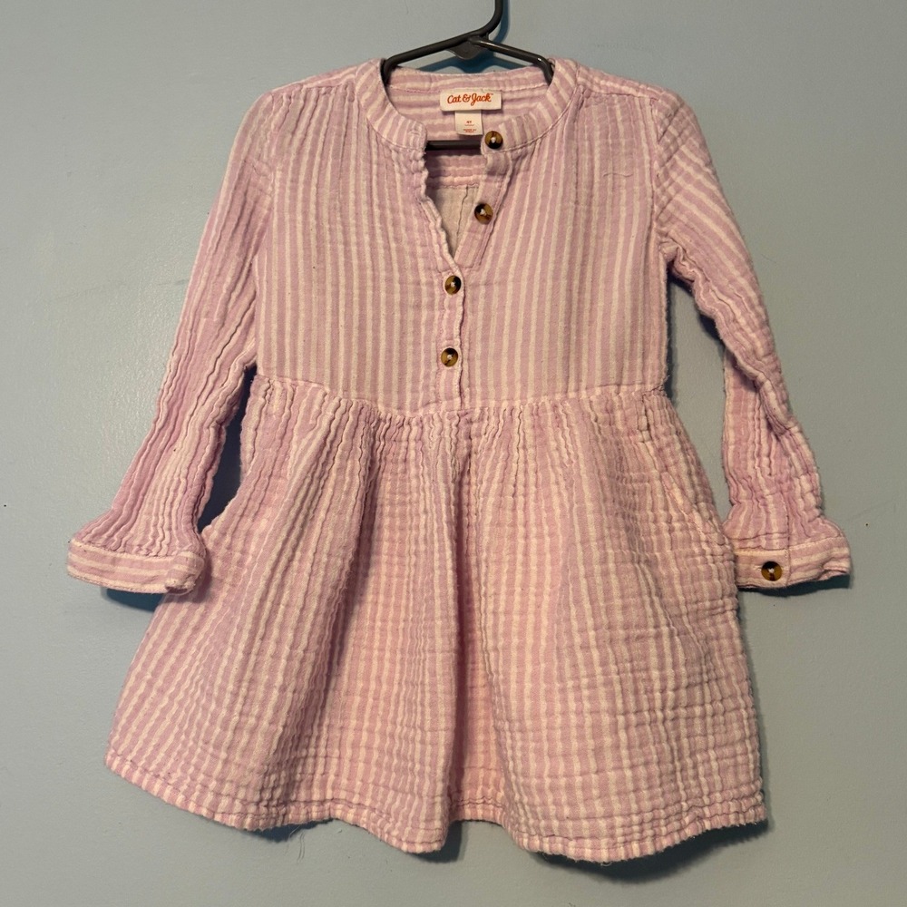 Cat & Jack Girls 4T Lavender White Striped Gauze Henley Dress Long Sleeve 2087